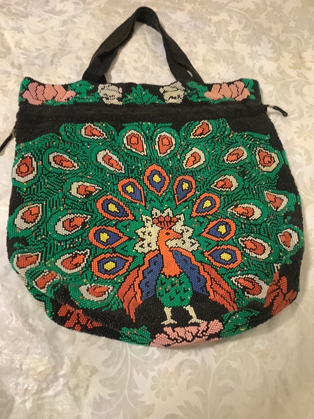 BOHO Retro HOBO drawstring+handles peacock beadwork bag tote purse pocket inside